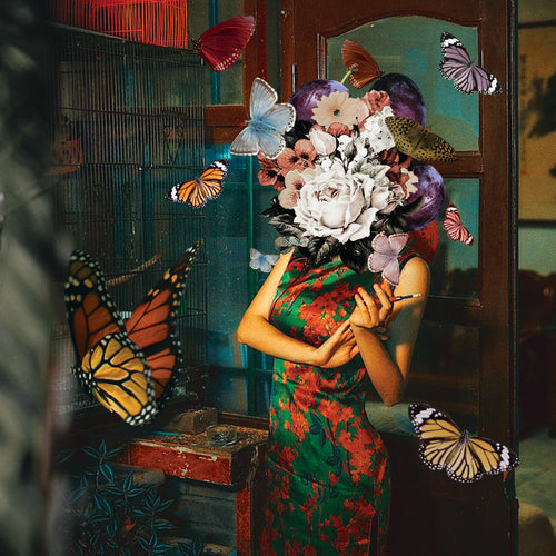 Surreal art. Antique asian chinese style room, old wooden furniture, lady wearing traditional chinese dress qipao in vibrant red and emerald green. Her head is a beautiful and colourful bouquet of flowers and purple plums. Vibrant butterflies fill the room