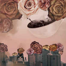 Load image into Gallery viewer, Surreal art. Urban city skyline of grey high rise buildings. The sky is blush pink. A lady sits on top of a building wearing a sharp suit and high heels. Her head is a beautiful rose in full bloom. Coffee and deep blush pink roses frame the sky. The moon on closer inspection is a cup of black coffee
